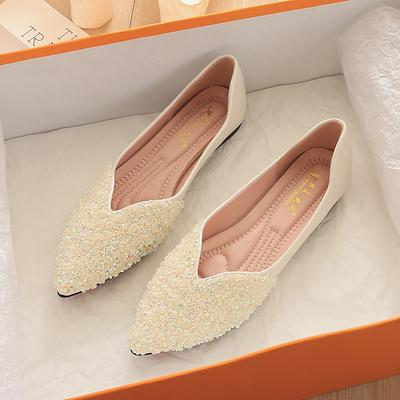 Французские туфли-лодочки с острым носком женские лето 2025 новые со стразами на плоской подошве осенние женские туфли темперамент большого размера туфли-лодочки 41-43