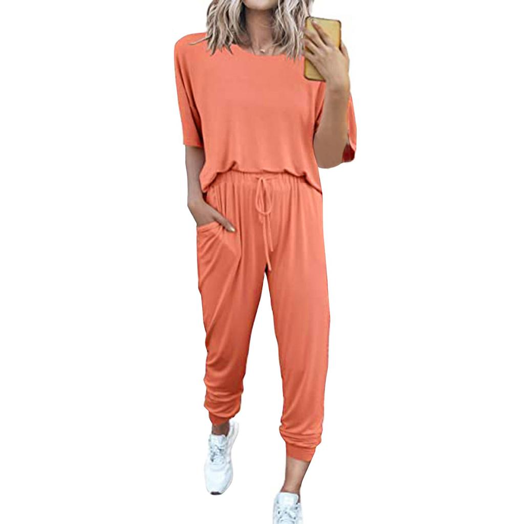 Женский свободный пуловер с круглым вырезом, повседневный модный костюм с короткими рукавами и длинными брюками