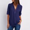 Women's Fashion Commuting Zipper V-Neck Rollable Sleeve Casual Solid Tops Blouse Loose T-Shirt