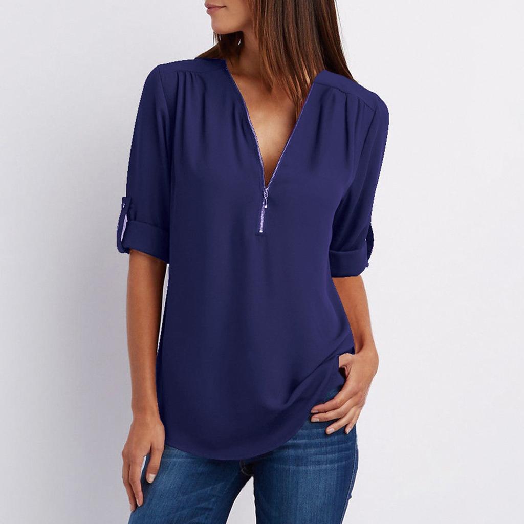 Women's Fashion Commuting Zipper V-Neck Rollable Sleeve Casual Solid Tops Blouse Loose T-Shirt