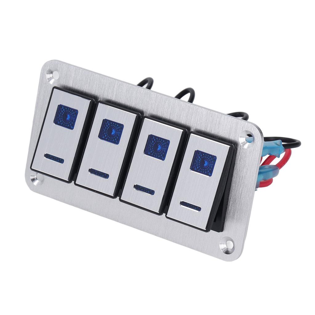 4 Gang Rocker Switch Panel 5Pin ON OFF SPST Blue Backlight Pre Wired Aluminum Alloy for Cars RVs Buses Trailers UTV