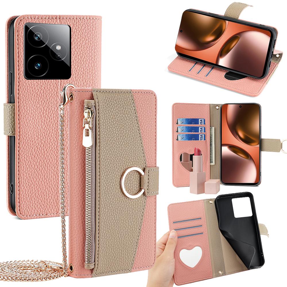 For Realme GT 7 5G Case Mirror Wallet Leather Phone Cover with Chain Shoulder Strap