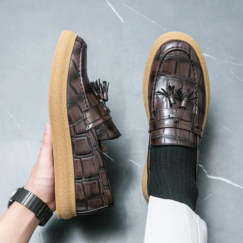 Модные британские классические кожаные повседневные туфли мужские удобные фирменные лоферы мужские туфли на платформе без застежек мужская обувь мокасины мужские