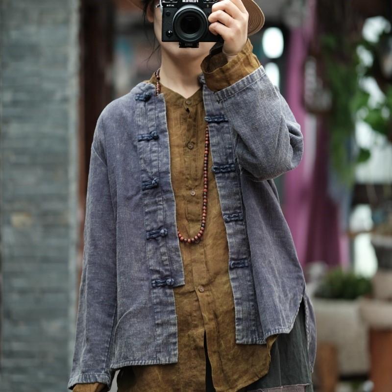 Johnature Осенняя женская рубашка с винтажным воротником в китайском стиле, хлопковая рубашка с длинными рукавами и пряжкой, однотонная свободная рубашка