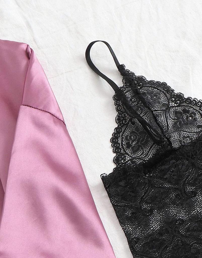 European Luxury V-neck Satin Pajama Set: Lace Cami, Five-Point Sleeve Robe, Four Pieces