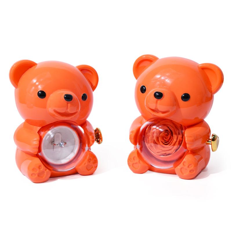 Vibrant Orange Huggable Bear Jewelry Box 360 Rotating Rose Flower Gift Box Exquisite Mini Case for Valentine's Day Gifts