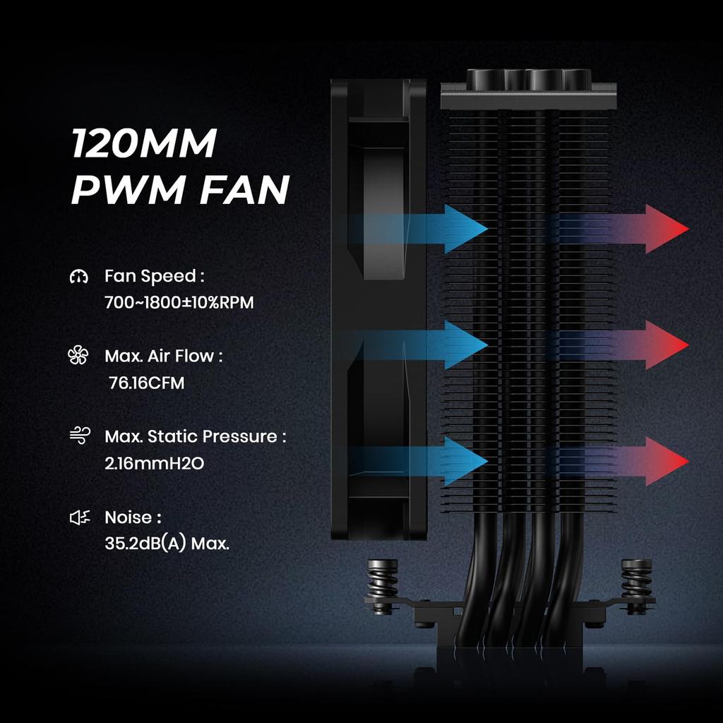 Black CPU All Black 4 Direct Contact Heat 120mm PWM No Interference with TDP Compatible with Intel and AMD Sockets ID-COOLING SE-214-XT Cooler,