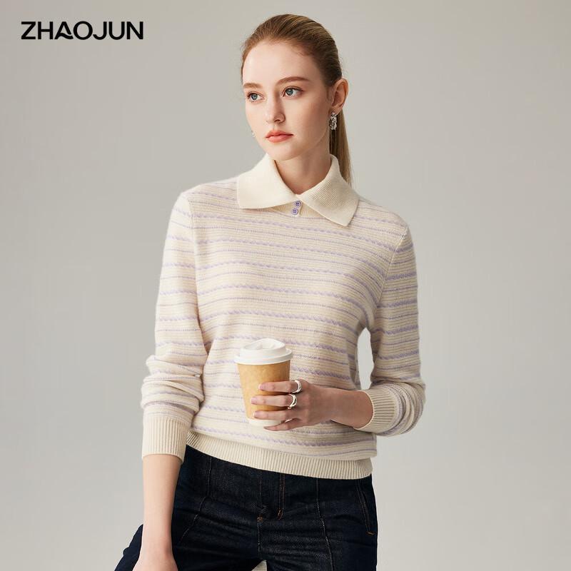 Zhaojun Women's 100% Cashmere Striped Crew Neck Sweater