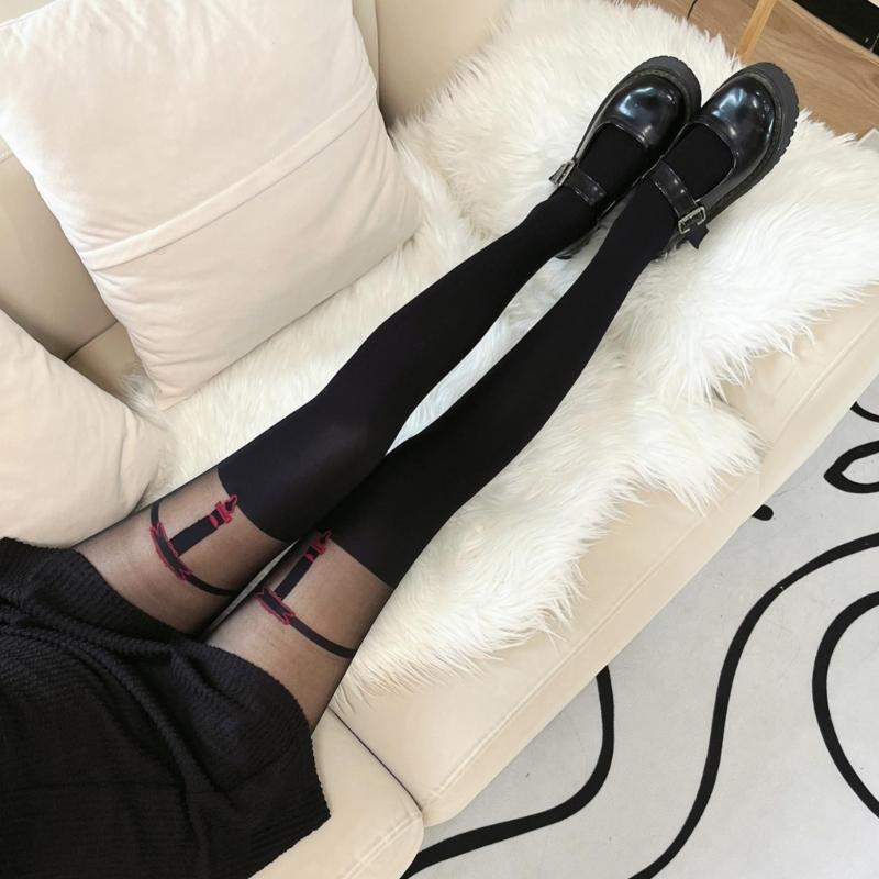 Women Jacquard Pattern Patchwork Mock Suspender Tights Sexy Faux Thigh High Socks JK Girls Black Pantyhose Stockings