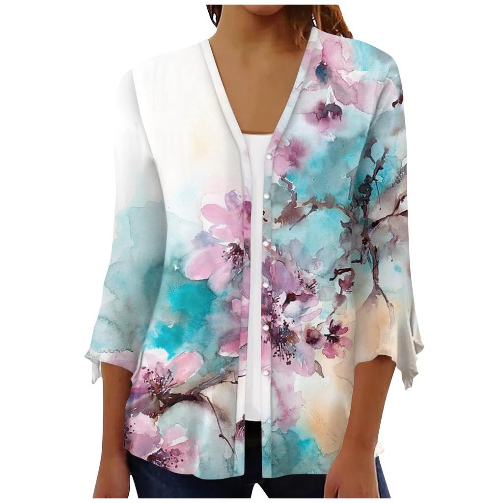 Ladies Casual Floral Printed Three Quarter Sleeve Button Shirt Cardigan Top