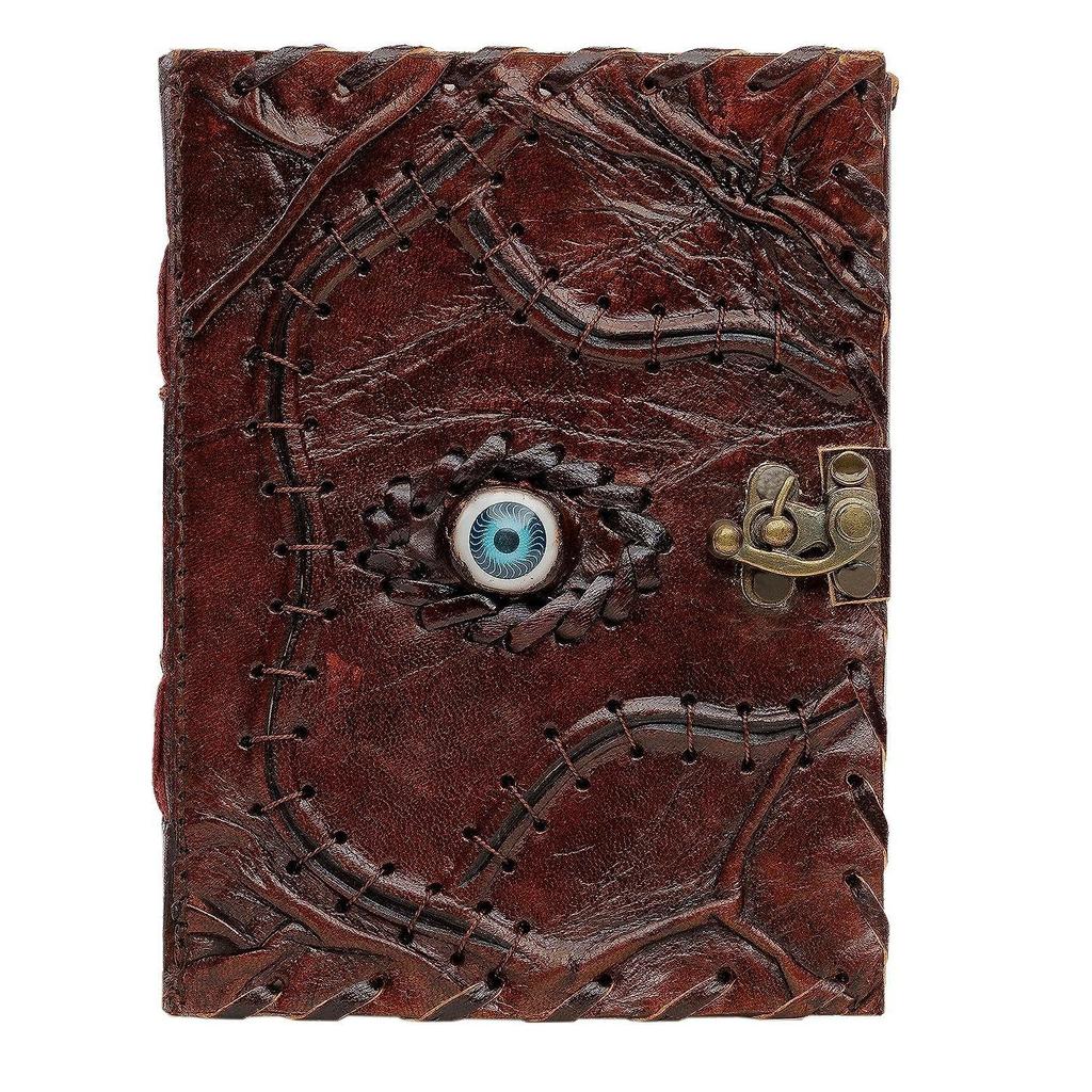 Leather Diary With Evil Eye Stone- 5×7 Inch Spells Journal with 240 Unlined Handmade Pages