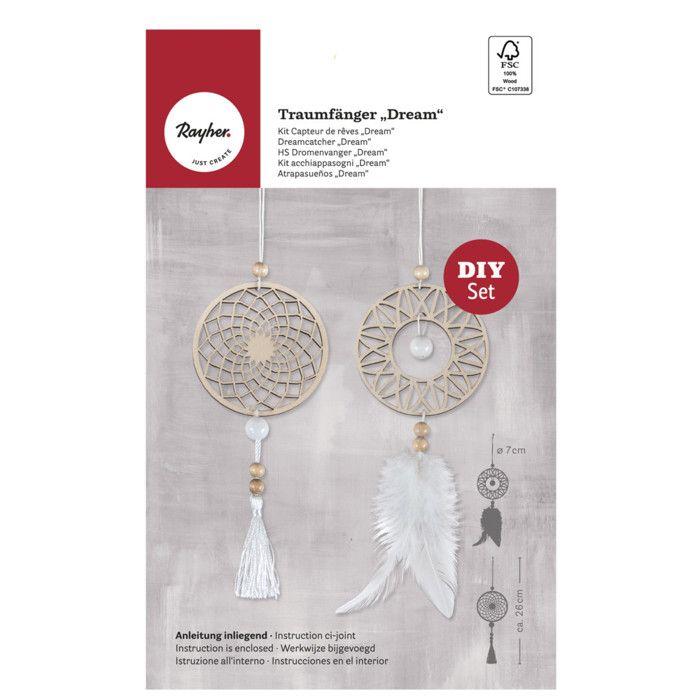 DIY Dreamcatcher Kit - Rayher - 26 Cm X 7 Cm - 2 Wooden Discs - 6 Natural Beads - White Feathers