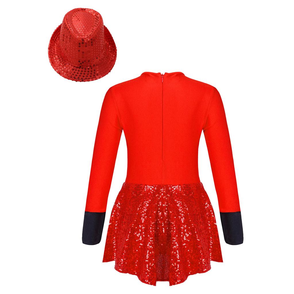 Девочки Леотард с пайетками Длинный рукав Круглый вырез Лоскутное шитье Дизайн на молнии Пайетки Шляпа федора Нарядный костюм