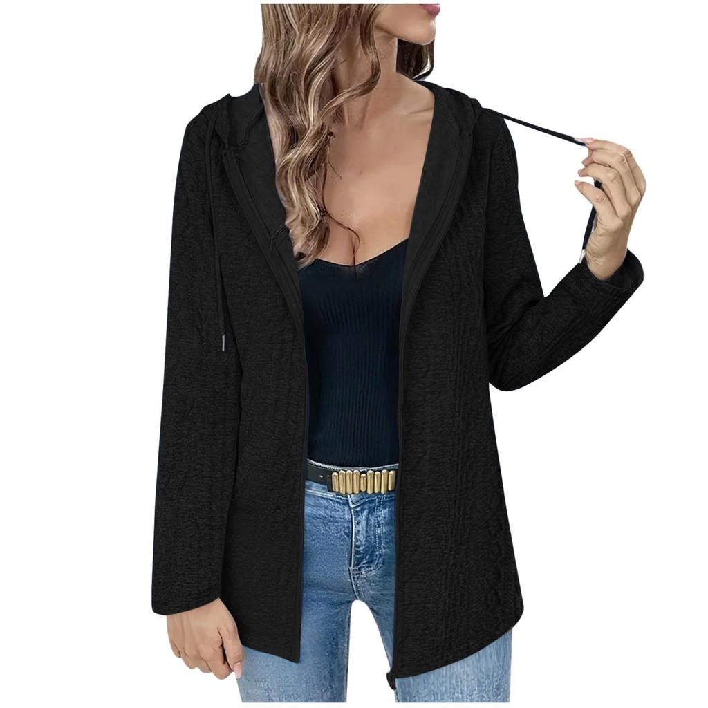 Women's Solid Color Loose Zipper Long Sleeved Hooded Top Casual Cardigan Jacket