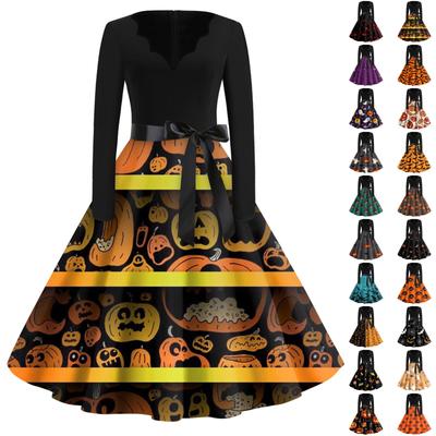 Женское винтажное классическое платье с длинным рукавом и принтом, V-образным вырезом, свободное платье