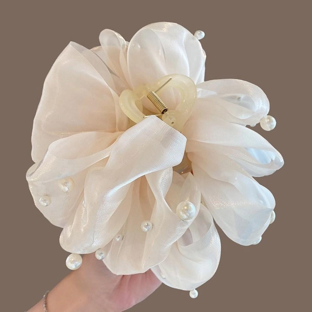 Large Bow Bow Hair Claw Bubble Mesh Pearl Shark Gripper Elegant Hair Clip Women