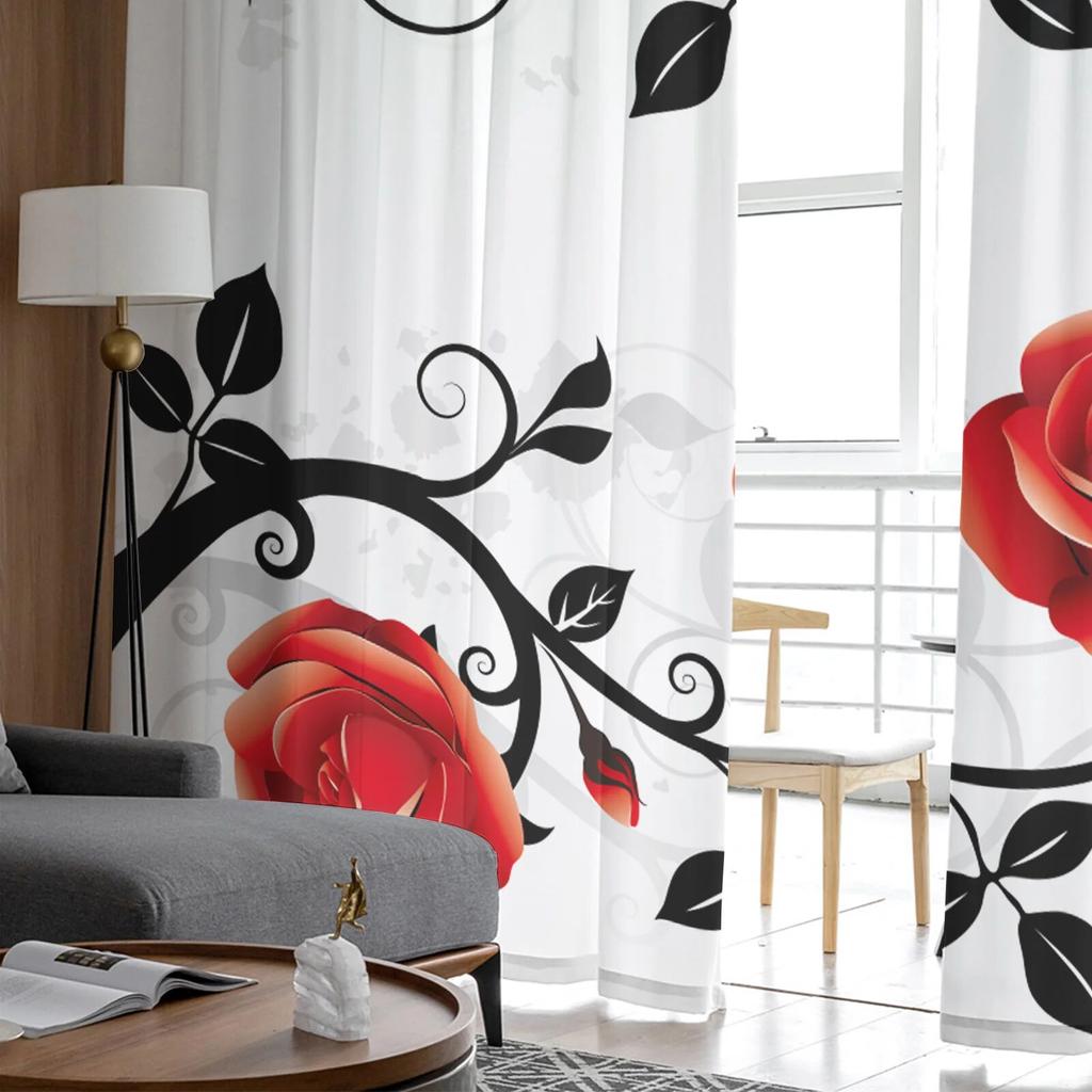 Red And Black Rose White Sheer Curtains for Girl Kids Bedroom Kitchen Window Drapes Curtain Home Decoration
