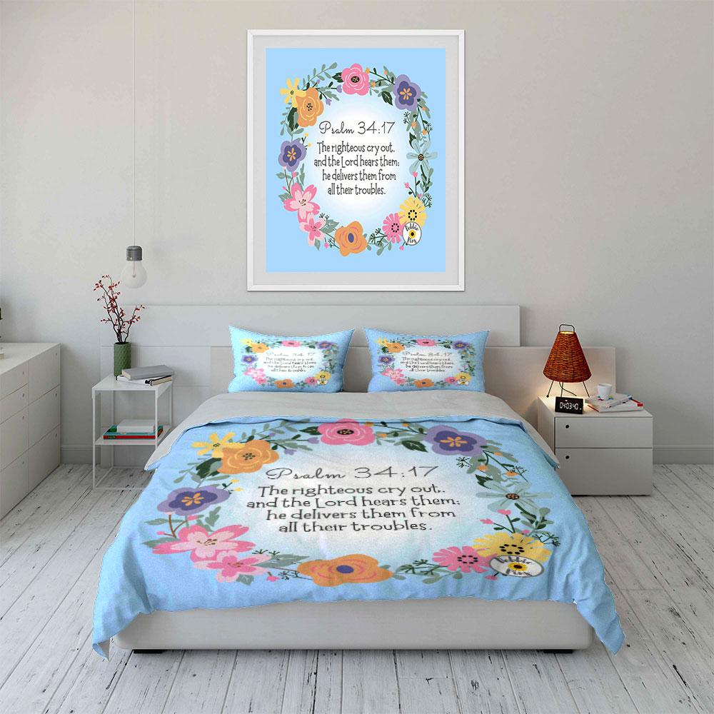 Inspirational Psalm Floral Design Set kid's and adults' bedroom decor, Exquisite three-piece bedding set gift