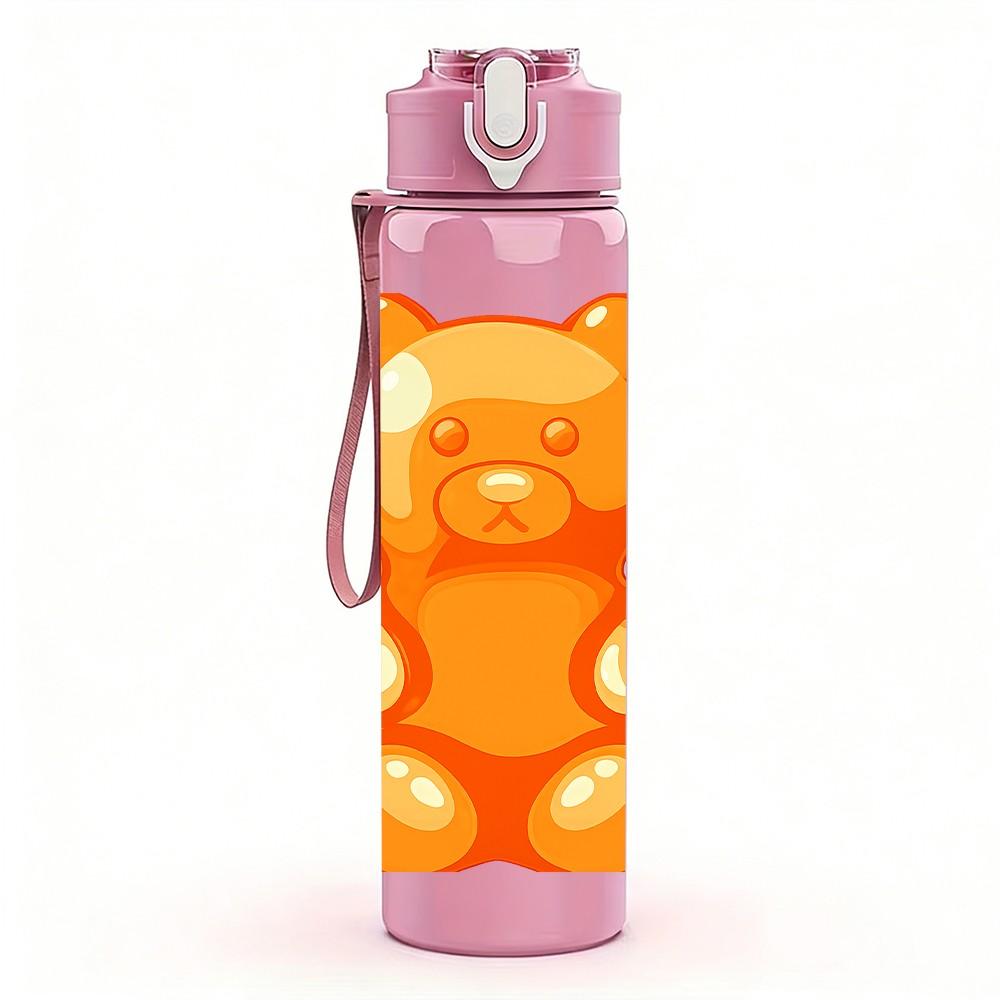 1PC Gummy Bear Cartoon Pattern 750ml Color Plastic Sports Water Bottle Leakproof Flip Straw Lid Suitable for Sports Office Home Use
