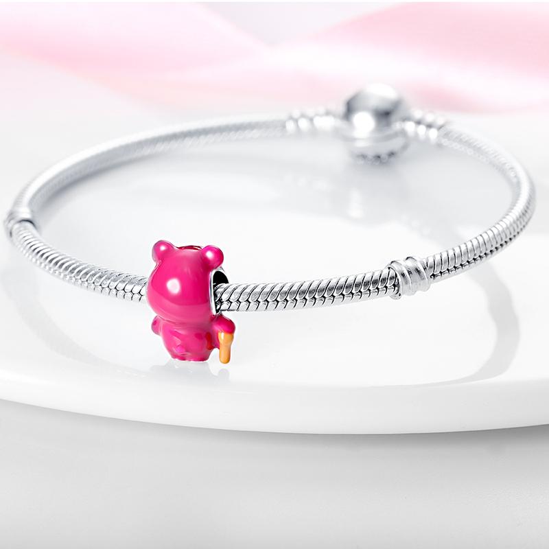 925 Silver Cute Strawberry Bear Pendant Beaded DIY Jewelry, Women's Bracelet, Fashion Pendant, Creative Gift, Su