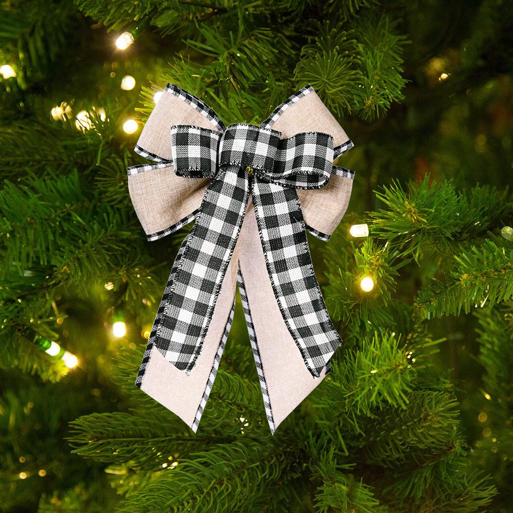 Christmas Bow With Checkered Edges And Ribbon For Festive Tree Decoration