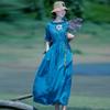 2025 Summer New Cotton and Linen Dress Women's Loose Temperament Thin Lace-up Round Neck Short-sleeved Long Dress Women