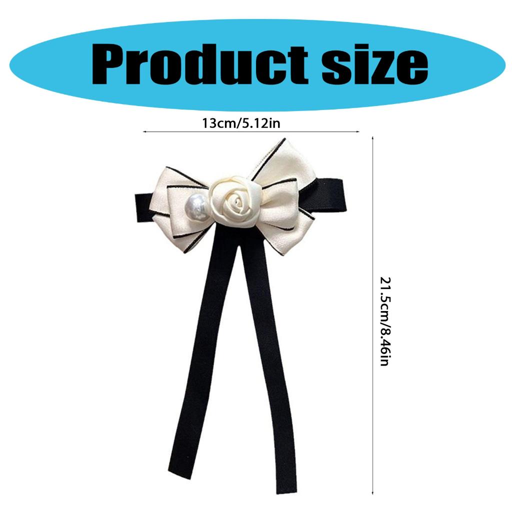 Women Girls Vintage Camellia Pearls Ribbon Bows Tie Brooch Pin Elegant Preppy Uniform Pre Tied Bowknot Corsage Necktie