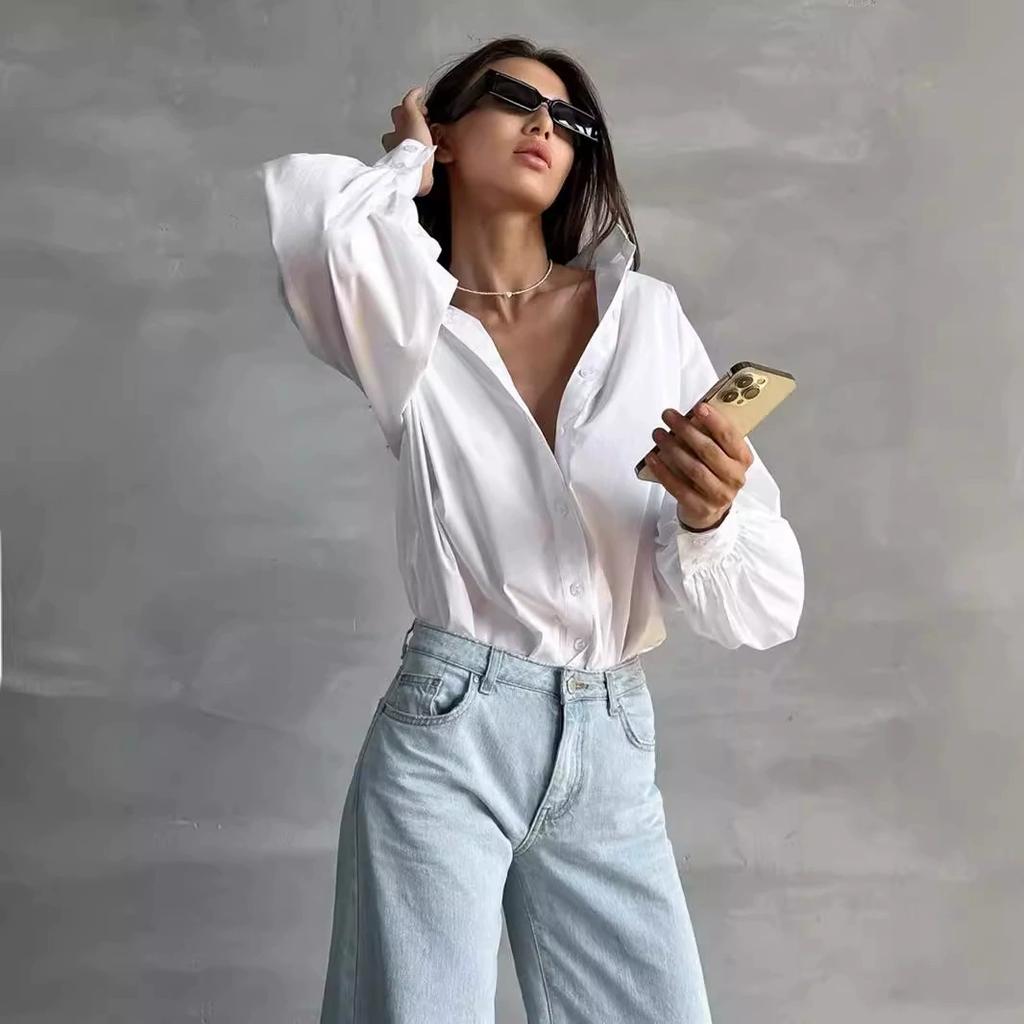 Lantern Sleeve Women's Shirt Lazy Temperament Commuting Versatile Round Neck Lantern Sleeve Shirt for Women