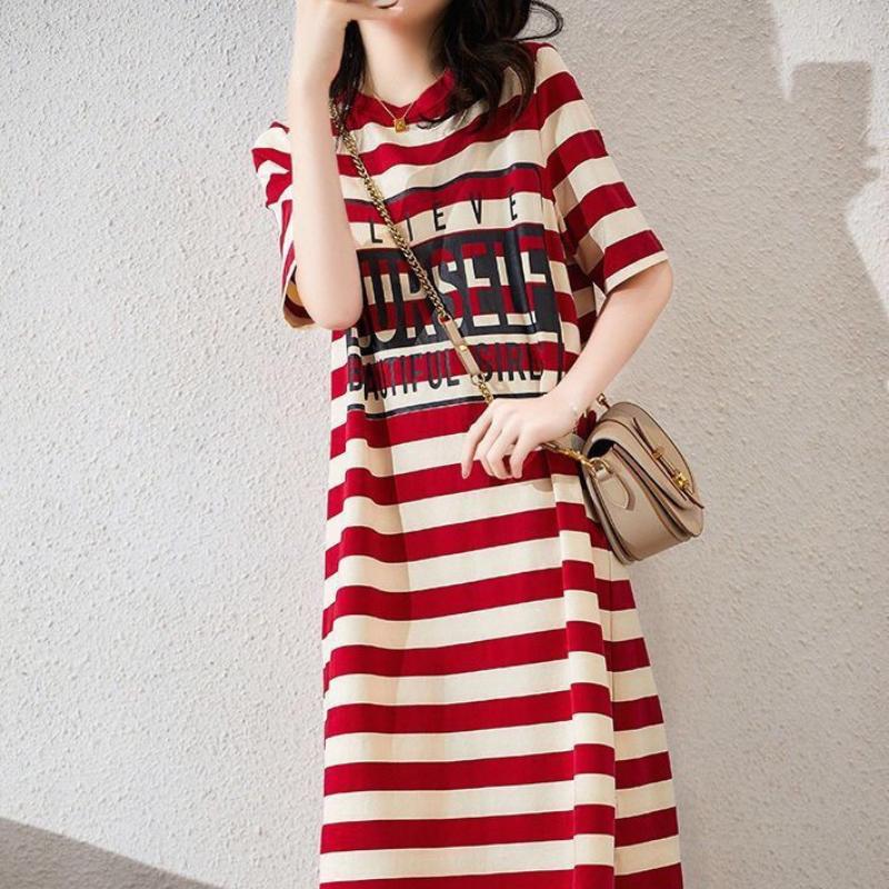 Striped Print Short Sleeve Midi Dress Summer Aesthetic Clothes Fashion Casual Harajuku Dresses for Women