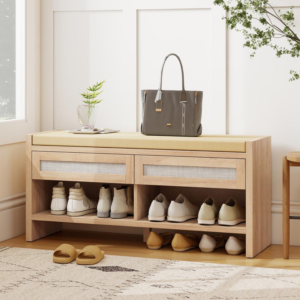 Entrance shoe bench, storage bench, padded linen seat, 2 rattan drawers and open shelf, oak