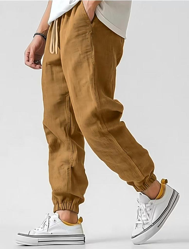 Men's linen pants summer breathable leggings beach straight pants solid color blended linen pants bundle legs
