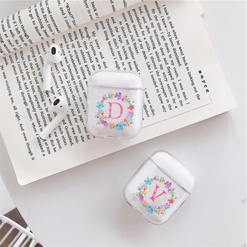 Fashion Floral 26 Letters Alphabet Soft Protector Cover Transparent Box for Apple Airpods 1 2 3 Pro Women Girl AirPods Case