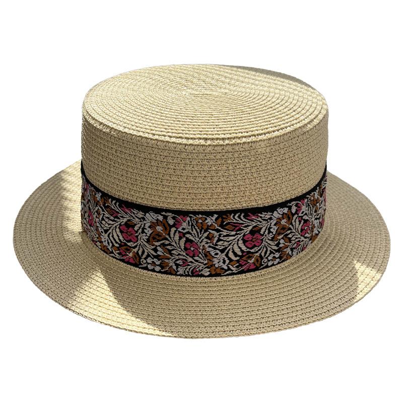 New retro elegant ribbon straw hat female summer big eaves show face small sunscreen hat seaside vacation photo multi-color optional