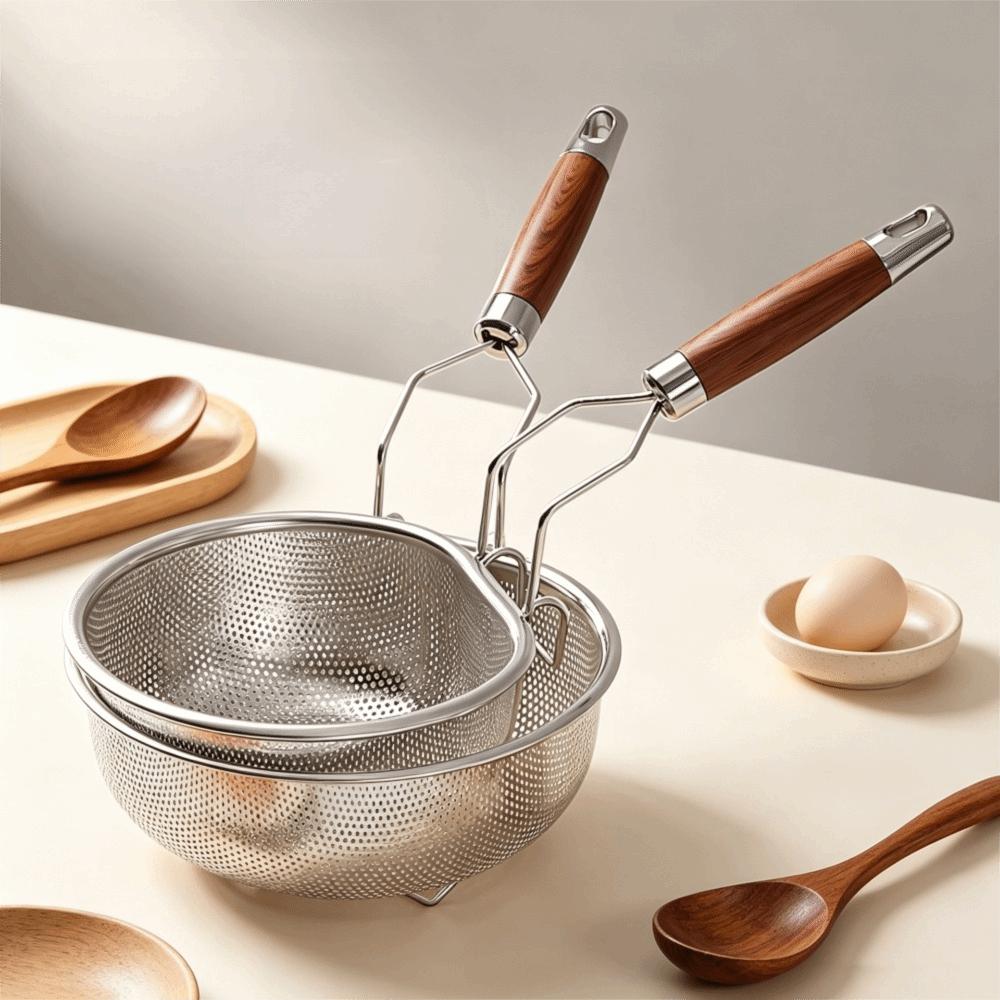 Fine Mesh 304 Stainless Steel Skimmer Wood Grain Wood Kitchen Strainer Basket Kitchen Sieve Hotpot