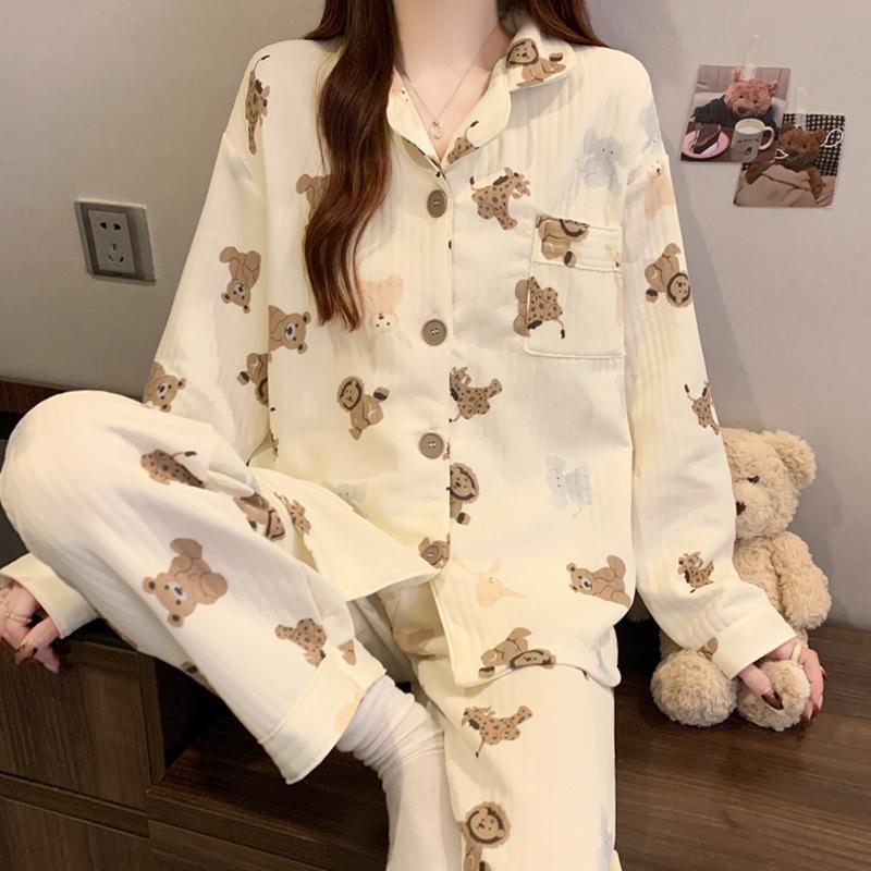 Air cotton sandwich pajamas women's autumn and winter long-sleeved cute dachshund dog polka dot warm loungewear set