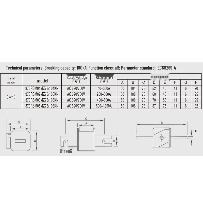 Customizable Fuse 370RSM02MZ78/108KN, 200A-500A (250A, 300A, 315A, 400A, 450A).