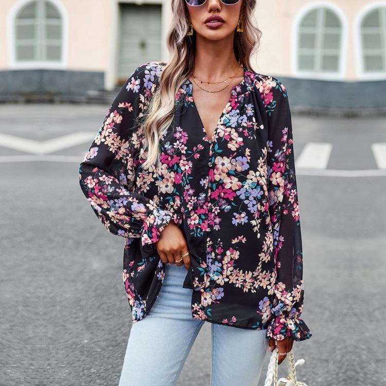 Elegant Floral Blouse for Women V Neck Lantern Sleeve Button Top Autumn Shirt