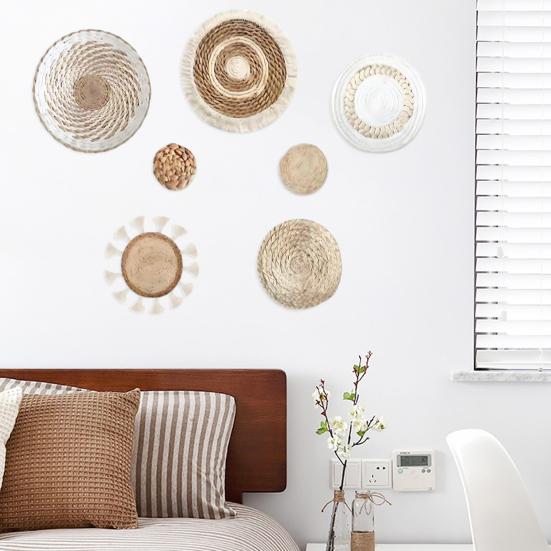 7Pcs/Set Bohemian Straw Woven Wall Decoration Home Office Living Room Bedroom Background Wall Art Rustic Natural Wicker Weave Ornament