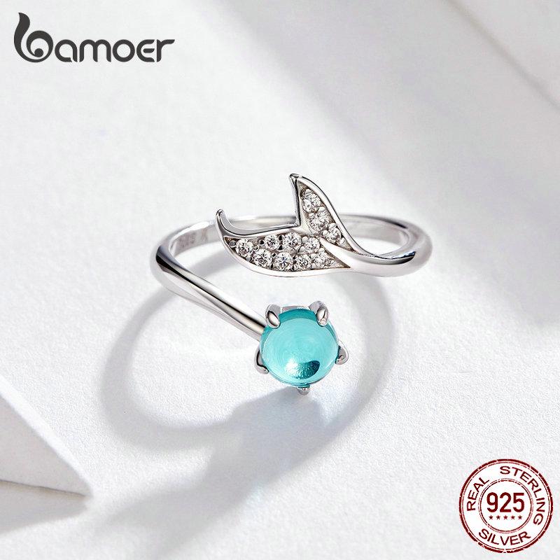 BAMOER Кольцо Русалка Стерлинговое Серебро 925 пробы Синий Океанский Камень Слеза Рыбий Хвост Кольца
