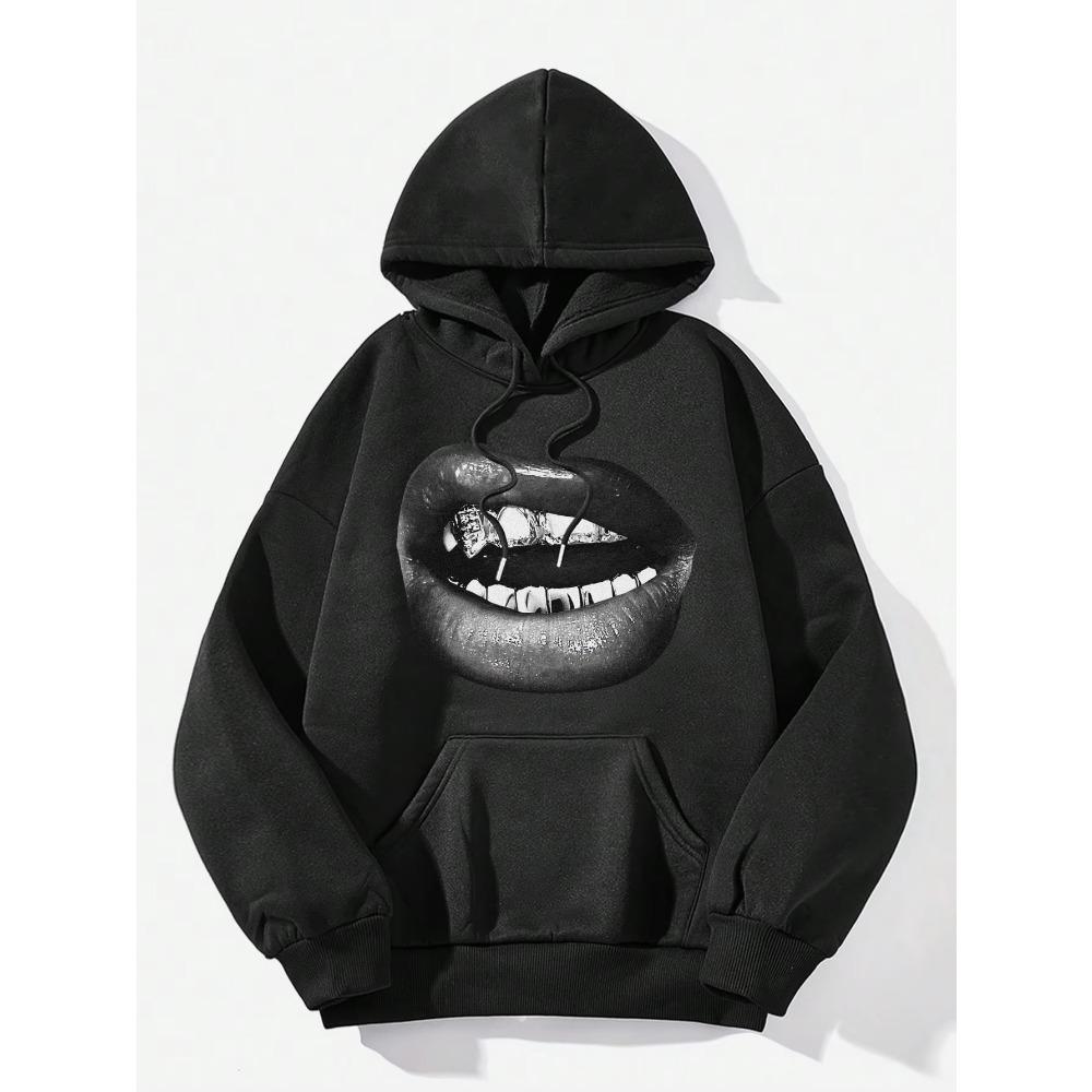 Creative and Cool Lip Print Pattern Printed Women's Hoodie New Autumn and Winter Minimalist Style Stylish Top 2000s Y2k Clothes