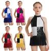 Kids Girls Ballet Dance Jersey Gymnastics Leotard Skating Bodysuit Sequins Tassel Lyrical Latin Dance Performance Tutu Dress