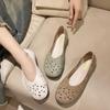 2024 Ethnic Style Hollow Out Mother Flats Shoes Soft Leather Holes Shallow Mouth Breathable Fashion Flat Lazy Women's Shoes