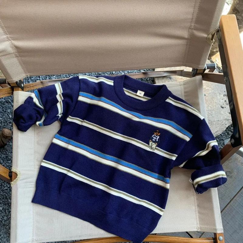 Осенне-зимний детский милый свитер с медведем, детский полосатый свитер, нижняя рубашка, мягкий свитер с рисунком для мальчиков и девочек, вязаный свитер