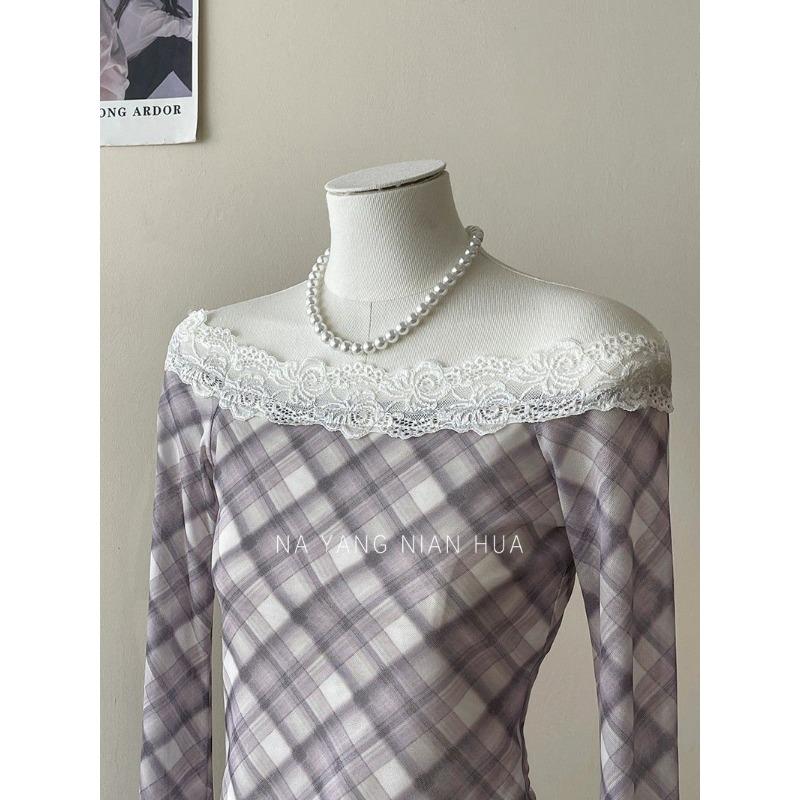 Французская однотонная рубашка с косым вырезом, открытыми плечами, двумя способами носки, в клетку, солнцезащитная, для женщин, осень, с кружевной отделкой, футболка, топ