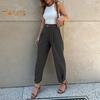 Женские костюмные брюки с высокой талией и пуговицами на молнии, однотонные брюки свободного покроя с карманами, длинные брюки в повседневном стиле