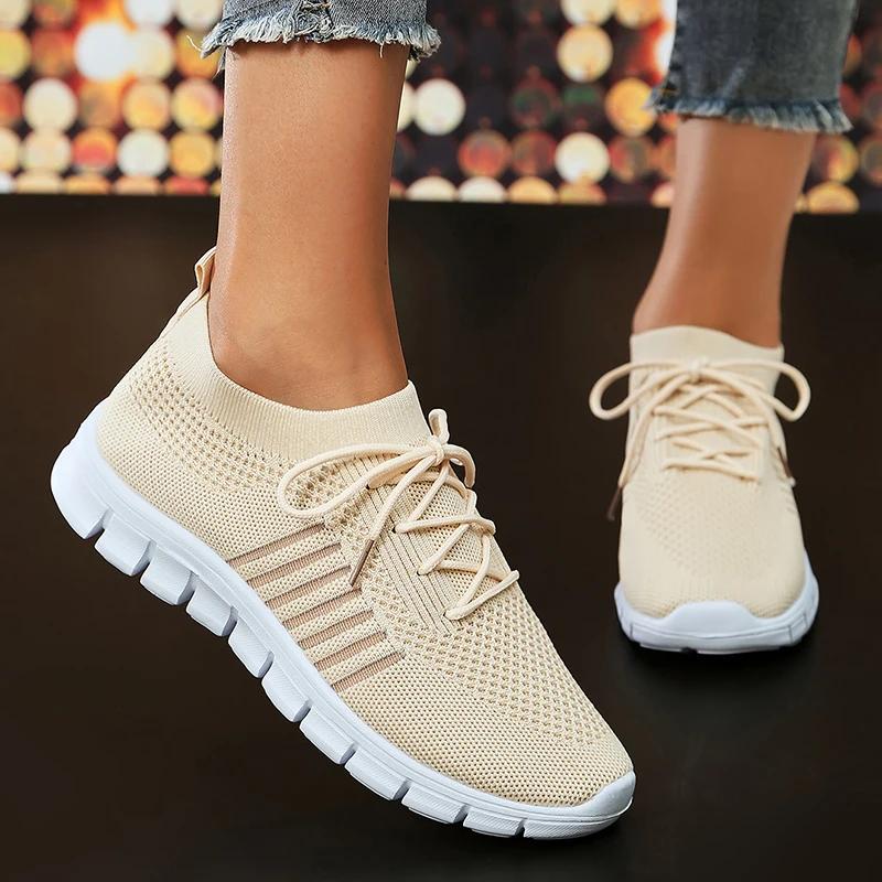 Fashion Lightweight Breathable Running Shoes for Women Non Slip Knitted Green Sneakers Woman Soft Sole Slip On Casual Flats Plus Size 43