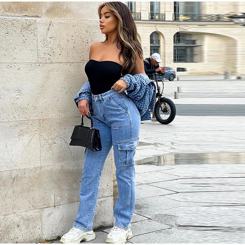 Women's Casual Workwear Jeans Multiple Pockets Wide Leg Loose Fit 2025 Spring Autumn New Style Popular Casual Denim Pants