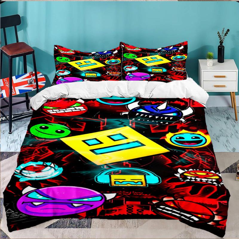 Colorful Geometry Dash Characters 3PCS Bedding set,Ideal for 1pc Duvet Cover And 2pcs Pillowcases Perfect for Fan gift,Ideal for Bedroom, Dormitory