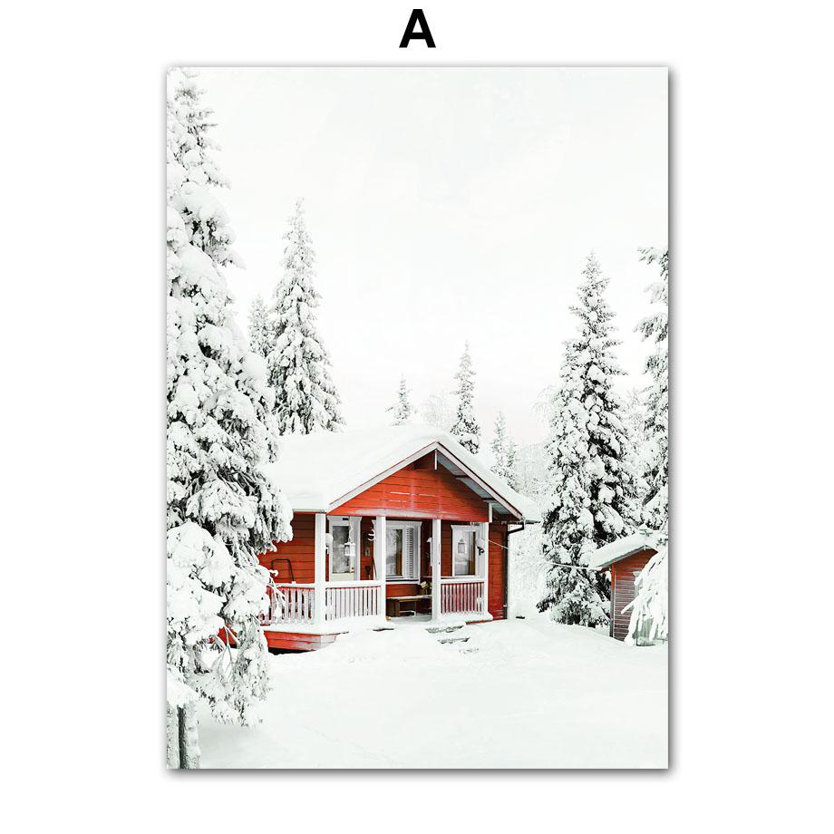 Настенная картина на холсте, Рождественская елка, красный дом, белка, олень, украшение для гостиной, постеры и принты, настенные картины для дома