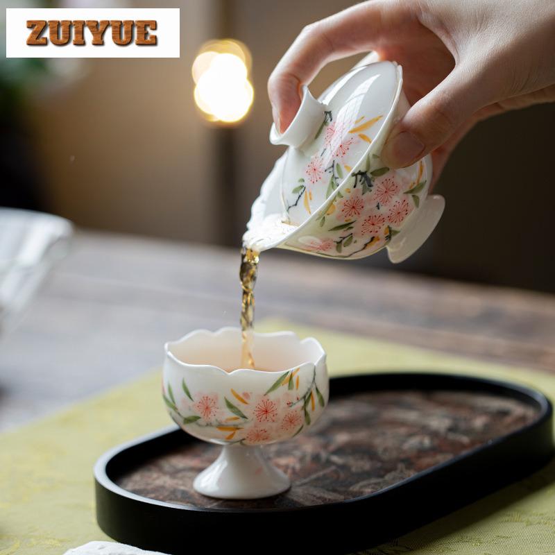 110ml Hand-painted Peach Blossom Gaiwan Japanese Tea Tureen Tea Bowl With Lid Kit Tea Making Cover Bowl Tea Ceremony Collection